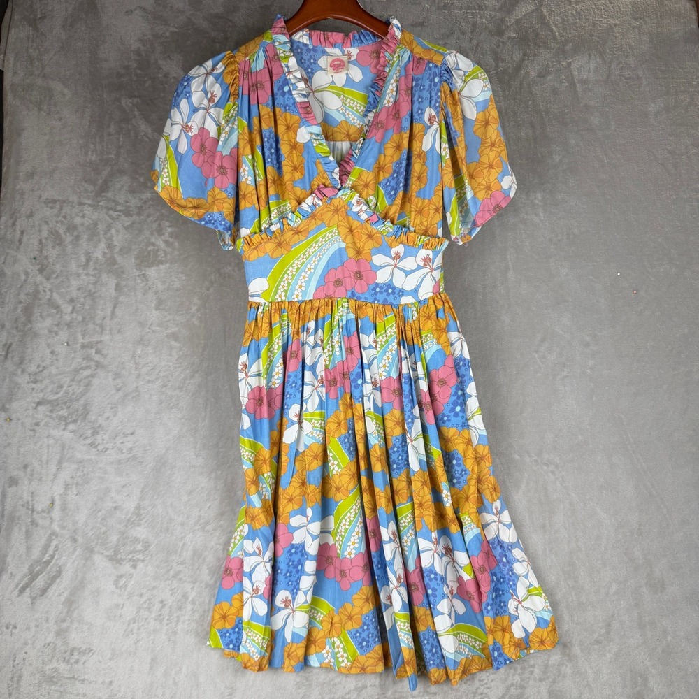 Eternal Summer Hawaii Floral Ruffle Mini Dress Blue Orange Retro‎ 70s Style XS/S